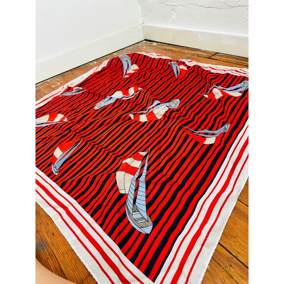 Vintage 70/80s Red White Black Horizontal Striped Sailboats Design Scarf - Picture 1 of 5